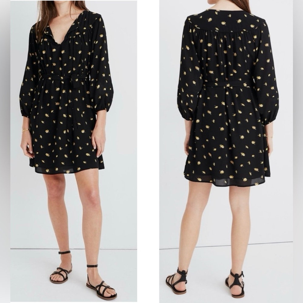 Madewell Tie-Waist Mini Dress in French Daisies with yellow floral Gold Accents